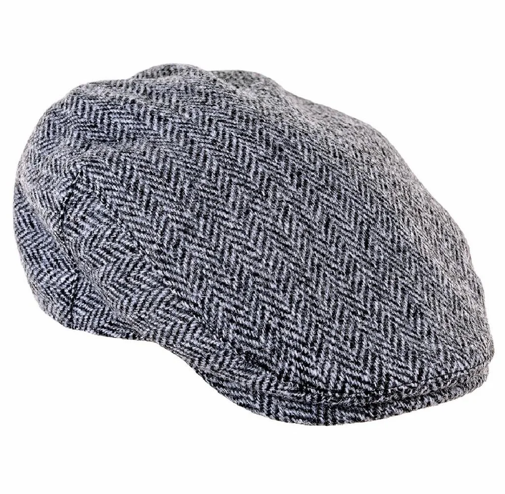 Highland Harris Tweed Flat Cap Black/Grey Herringbone
